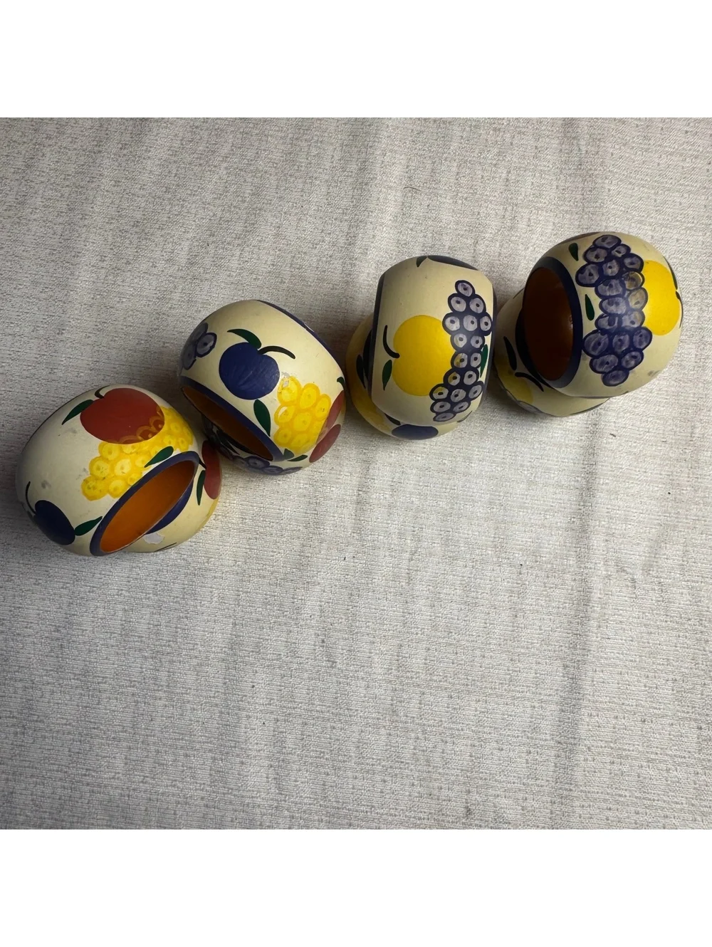 Dansk Fruit Pattern Wooden Napkin Rings Set of 8 Vintage Colorful Table Decor